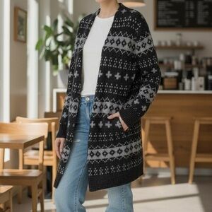 360 SWEATER Fair Isle Cardigan in Grey and Pale Pink Size M